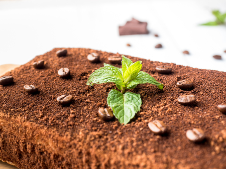 Tiramisu cake with coffee beans and fresh mint chocolate on the Board in white backgroundの写真素材