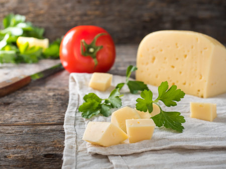 piece of cheese with parsley, tomatoes on a linen towel Rustic wooden background.