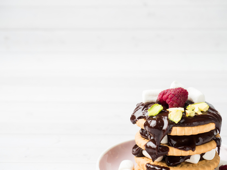 A sweet dessert of a chocolate cookie raspberry and marshmallow on a light tableの写真素材