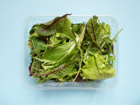 Fresh spinach leaves and green arugula salad rocket, arugula in container on blue table.