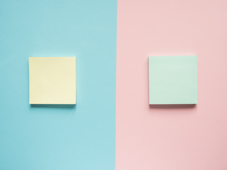 Business flat lay with copy space on a background divided in half pink and blue Notebooks to write...