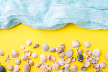 The concept of summer vacation. Seashells yellow background Blue scarf imitation sea.の写真素材