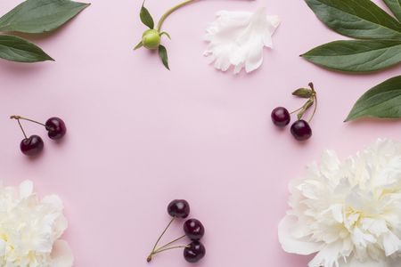 White peony flowers and cherry berries on pastel pink background.の写真素材