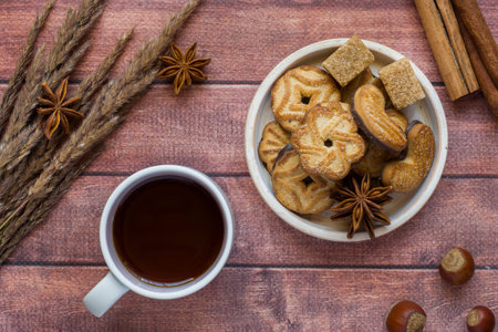 Cup of coffee and a cozy Autumn composition, autumn concept. Flat layout, top view.の写真素材