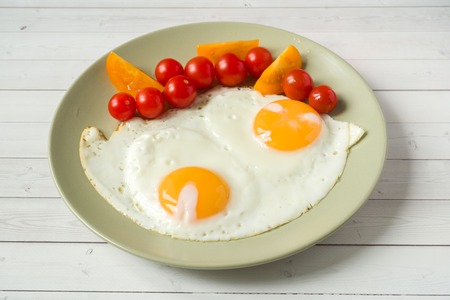 Fried eggs with cherry tomatoes on a plate.の写真素材