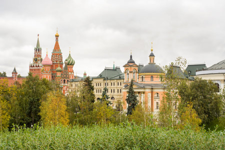 Panoramic view of the Moscow Kremlin and St. Basil's Cathedral and GUM Russia from Zaryadye Park...