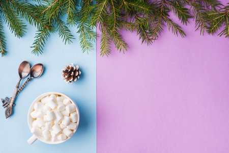 Decoration for Christmas concept. Food oranges nuts spices pine cones Christmas tree on blue pastel...