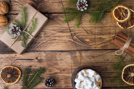 Hot chocolate with marshmallow cinnamon sticks, anise, nuts on wooden background, Christmas concept.の写真素材