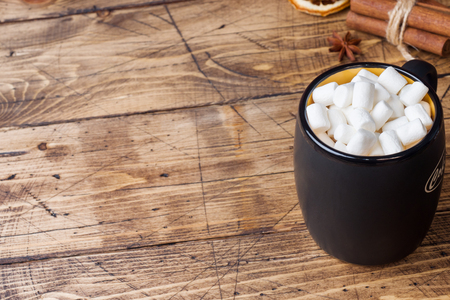 Hot chocolate with marshmallow cinnamon sticks, anise, nuts on wooden background, Christmas concept.の写真素材