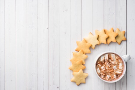 Christmas composition. Hot chocolate and cookies. Christmas, winter concept. Flat lay top view.の写真素材