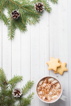 Christmas composition. Hot chocolate cookies, pine branches, cinnamon sticks, anise stars. Christmas, winter concept. Flat lay top viewの写真素材