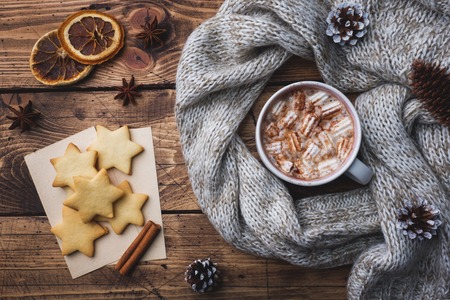 Christmas composition. Hot chocolate and cookies, pine branches, cinnamon sticks and anise stars. Christmas winter concept. Flat lay top view.の写真素材