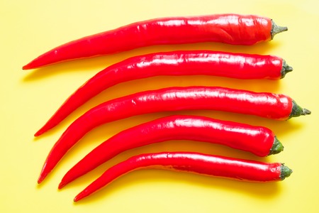 Fresh red hot chili pepper on yellowの写真素材