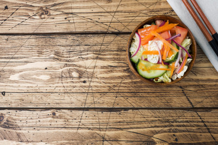 Vegetarian salad of raw fresh vegetables in a plate. Concept healthy eatingの写真素材
