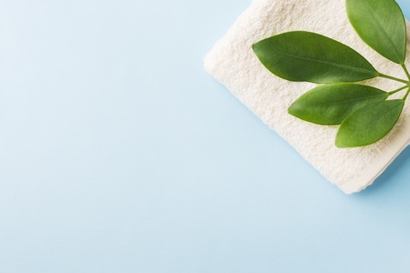 Spa concept of Green leaf and towel on blue background Copy spaceの写真素材