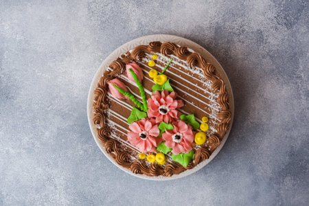 Beautiful meringue cake decorated with cream roses. Sweet food confectionery business. copy space