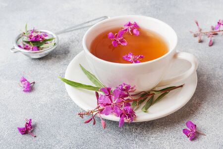 Useful herbal tea from fermented leaves fireweed on grey background. Traditional Russian Koporye Tea Ivan Chai Copy spaceの写真素材