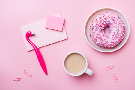 Cup of coffee, donut pen Flamingo Notepad on a pink background. Concept office. Flat lay
