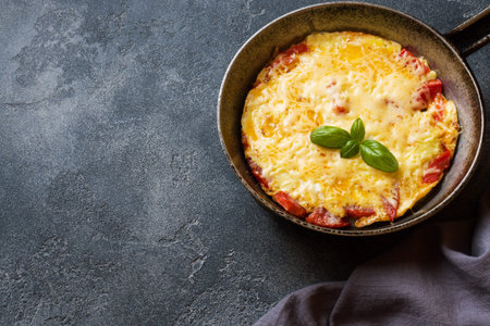 Omelet, scrambled eggs with tomatoes and cheese in a pan on a dark table