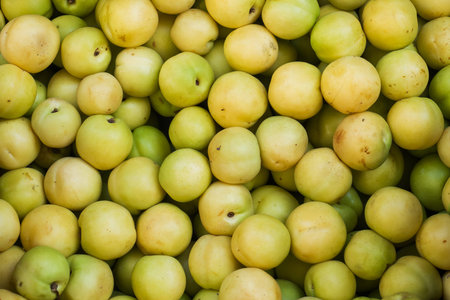 Background of fresh green plums on the marketの写真素材