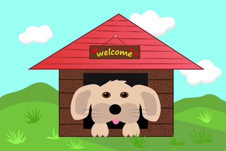 Cute dog face looks out of the booth. Vector illustration. Dog house on the lawnのイラスト素材