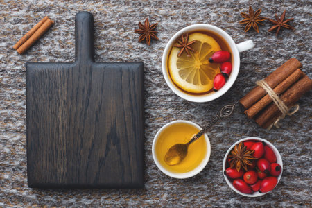 Drink from wild rose berries with lemon and honey cinnamon. Vitamin useful decoction of rose hips....