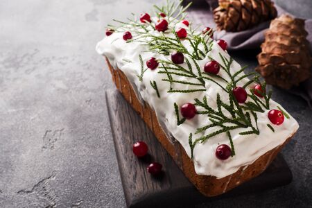 Traditional Christmas cake with cranberries on gray table background. Horizontal. Copy spaceの写真素材