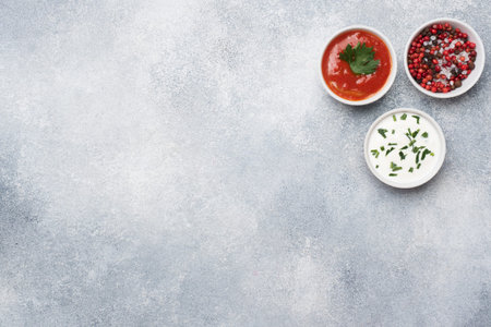 Ketchup mayonnaise greens spices pepper salt in plates on a gray concrete table with copy space