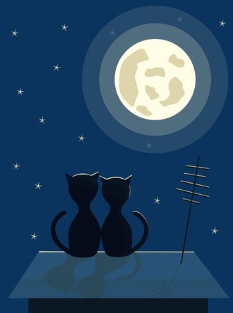 Two black cats sit on the roof. Night city moon and stars in the sky.のイラスト素材