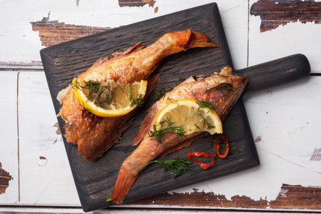 Baked sea bass with tomato pepper lemon and herbs on wooden Board for filing on white wooden