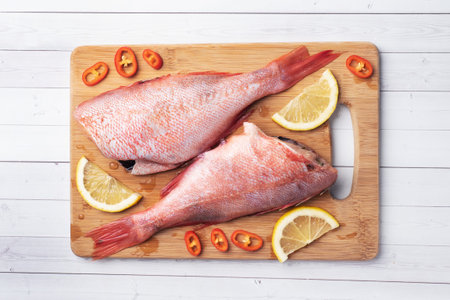 Raw fish perch without a head with lemon slices and red hot chili peppers on wooden cutting Board...