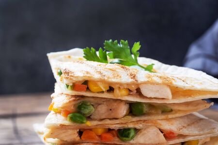 Triangular slices of a Mexican quesadilla with the sauce. The traditional dish of Mexico is tortillas stuffed with meat and vegetables copy space.の写真素材