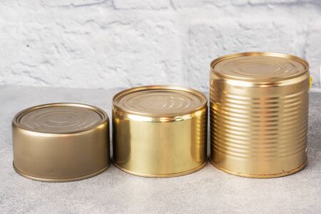 Tin cans with canned food. Copy space. Concept of food storage, donationsの写真素材