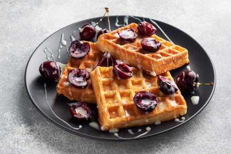 Belgian fluted waffles with fresh cherries and cream on a plate. Soft homemade waffles, sweet...