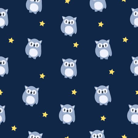 Seamless pattern of funny cartoon owl and stars. Dark blue background. Vector.のイラスト素材