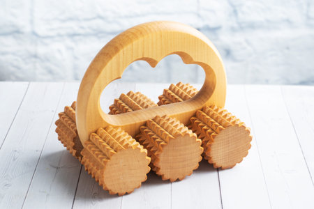 Wooden massage brush roller for manual home massage Copy spaceの写真素材