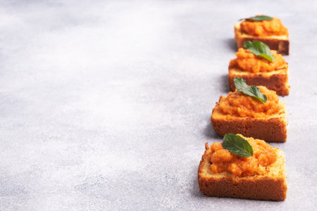 Sandwich with toast and zucchini caviar. Vegetable caviar on bread, a healthy vegetarian snack. copy...