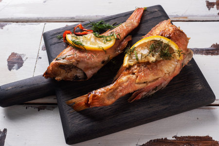 Baked sea bass with tomato pepper lemon and herbs on wooden Board for filing on white wooden...