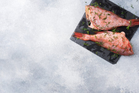 Raw fish perch without a head with dill greens on a slate stand concrete background. Top view Copy...