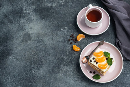 Sponge cake layers with buttercream, decorated with slices of tangerine chocolate and mint. Delicious sweet dessert for tea top view, copy space.の写真素材