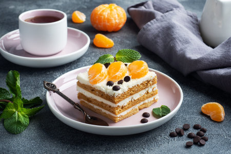 Sponge cake layers with buttercream, decorated with slices of tangerine chocolate and mint....