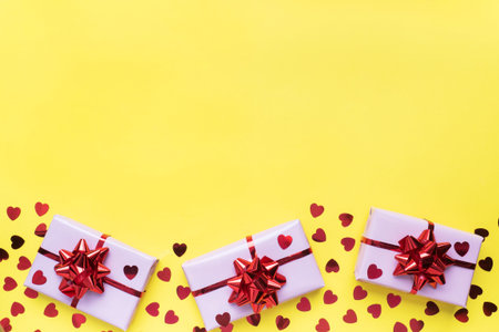 Valentine day composition, Greeting gift box with confetti hearts on yellow background. Flat lay