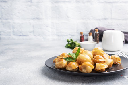 Traditional fried pelmeni, ravioli, dumplings filled with meat on black plate, russian kitchen Gray concrete background, copy space.の写真素材