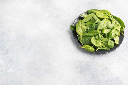 Spinach green fresh leaves on a black plate. Gray background, copy spaceの写真素材