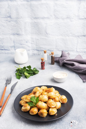 Traditional fried pelmeni, ravioli, dumplings filled with meat on black plate, russian kitchen Gray concrete background, copy space.の写真素材