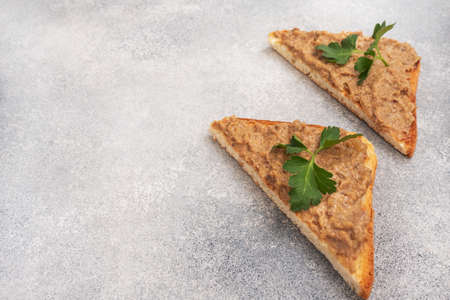 Sandwiches crispy toast and chicken liver pate with parsley leaves on a gray concrete table. Copy spaceの写真素材