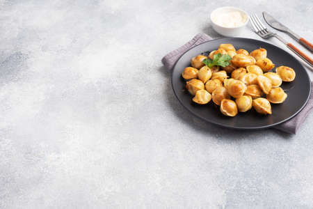 Traditional fried pelmeni, ravioli, dumplings filled with meat on black plate, russian kitchen Gray concrete background, copy space.の写真素材