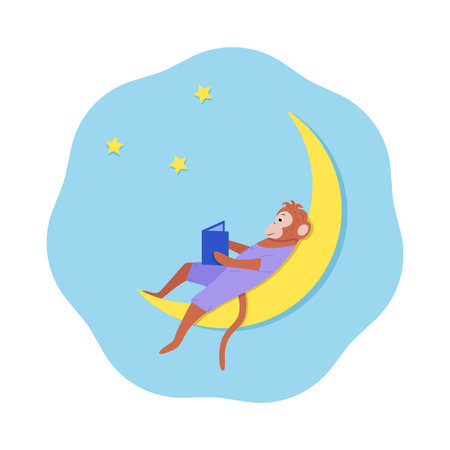 A cartoon monkey sits on the moon and reads a book. Concept Good Night, a bedtime story. Vector illustrationのイラスト素材