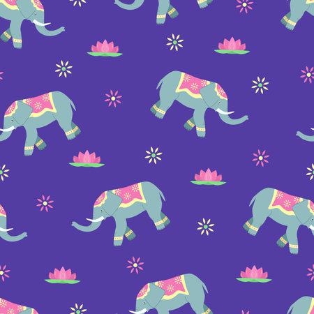 Seamless pattern of decorated elephant, lotus and flower patterns. The concept of Indian culture. Cute cartoon backgroundのイラスト素材