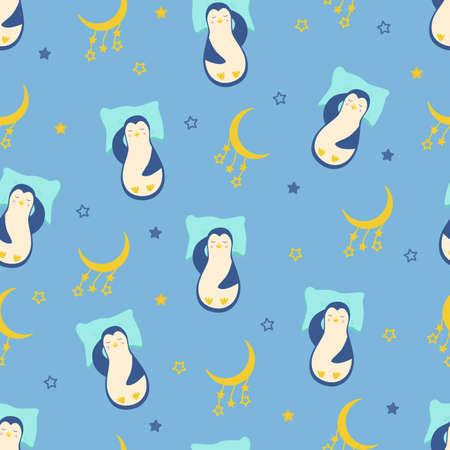 Seamless pattern cartoon penguin sleeps on a pillow moon and stars. Funny cute sleeping penguin character for kids concept. Vector illustrationのイラスト素材